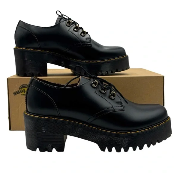 Dr. Martens Leona Low Platform Derby Shoes - Black Vintage Smooth Leather Size 9